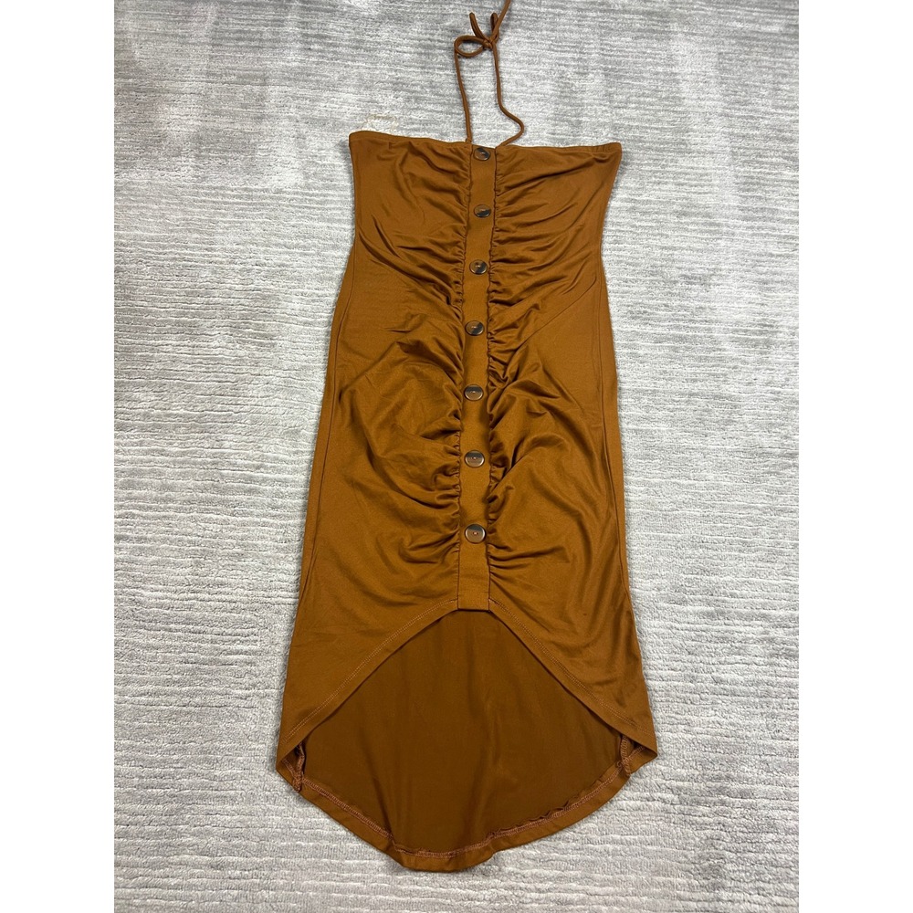 Heart to Hips Dress Womens M Rust Brown Halter Ruched High-Low Button Front